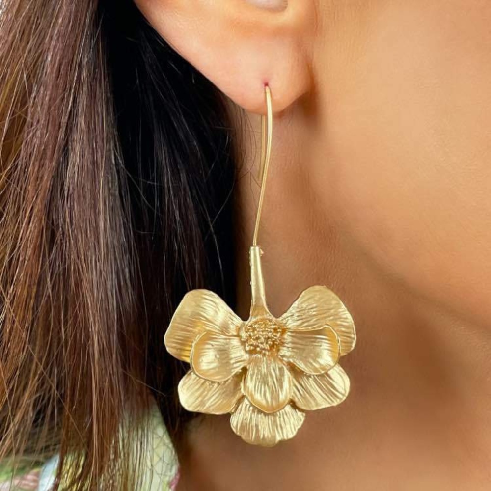 Zara Zinnia Flower Boho Gold Dangle Big Long Drop Earrings - Picture 7 of 15